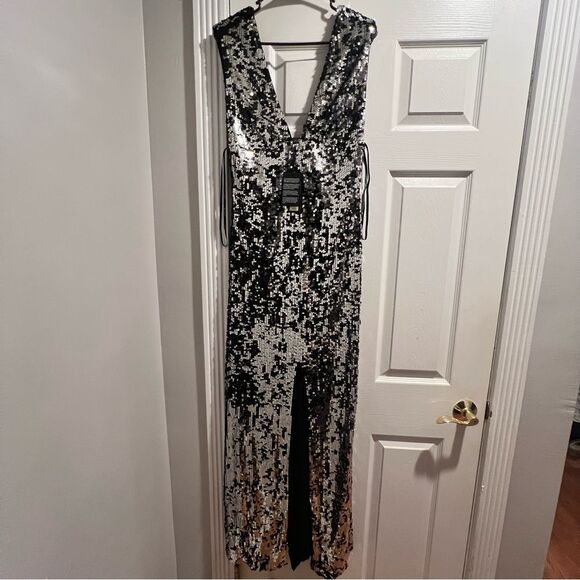 NWT Rachel‎ Zoe black and silver sequin maxi dress size 8 with front slit - Picture 10 of 15